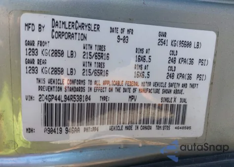 2004 Dodge Grand Caravan Sxt from USA, damaged, VIN 2D4GP44L94R538104